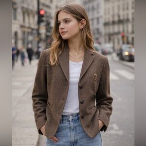 Wool Blazer, Brown Herringbone Tweed, Cropped, US S